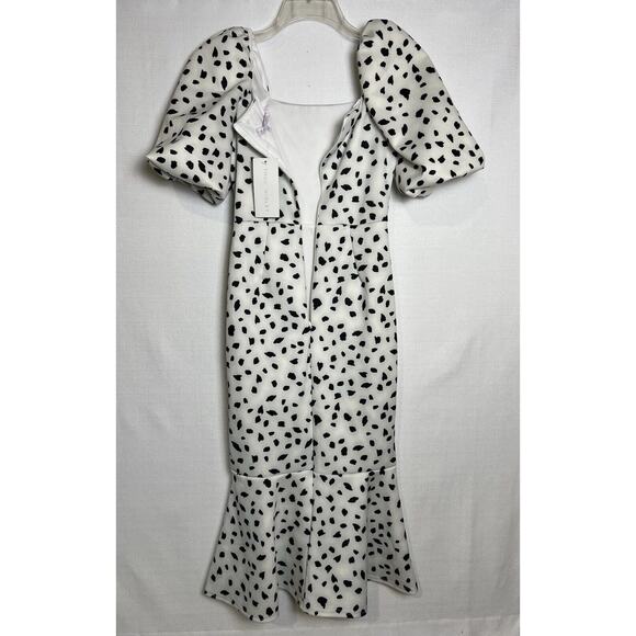 TRUE VIOLET PUFF SLEEVE SQUARE NECK MIDI DRESS IN MONO SPOT PRINT Size 6 NWT - Picture 5 of 10